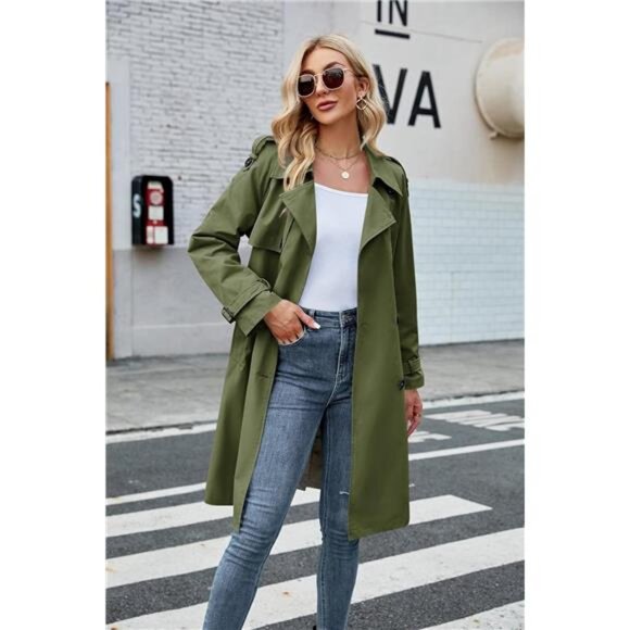Women's Double Breasted Long Trench Coat Windproof Classic Lapel Slim - Picture 4 of 6